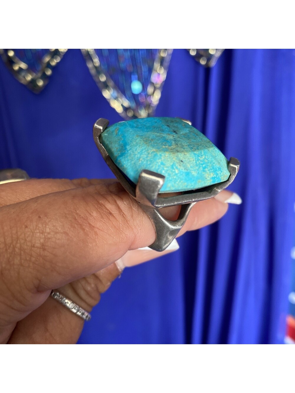 Vtg MASSIVE Cushion Cut Turquoise 925 Sterling Silver Ring Signed Sylan Peck